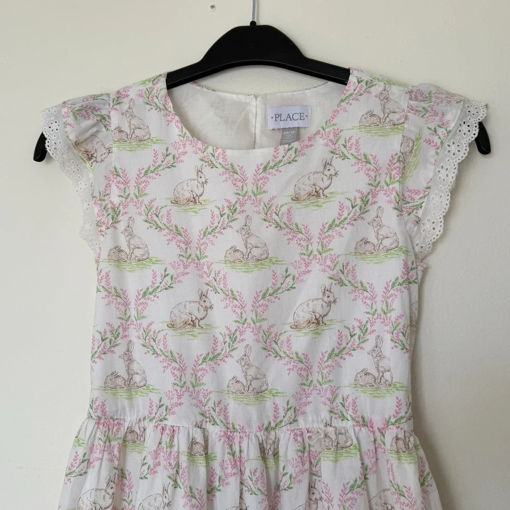 PLACE Girls Bunny Animal Print Fit & Flare Dress White‎ Pink Green Size 10/12
